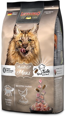 LEONARDO ADULT MAXI Grain Free line Ξηρά τροφή για ενήλικες ευαίσθητες γάτες μεγαλόσωμων φυλών από 1 έτους με αλλεργίες, δυσανεξίες στα σιτηρά ή στην γλουτένη, με φρέσκο ψαχνό κρέας πουλερικών 1,8kg